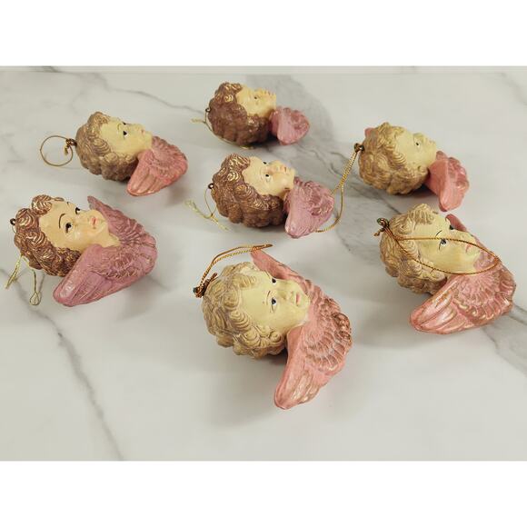 Cherubs Christmas Tree Ornaments Baroque Angels 4 1/2" Pink 80s Blow Mold x7 - Picture 8 of 12